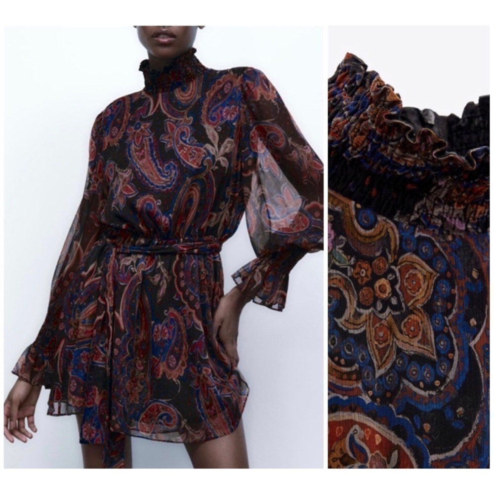 Zara Black Chiffon Floral Paisley High Neck Long Sleeve Mini Dress Size S